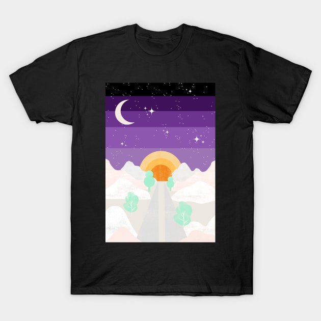 Snowy wild sunrise - psychedelic landscape art illustration T-Shirt by F-for-Fab